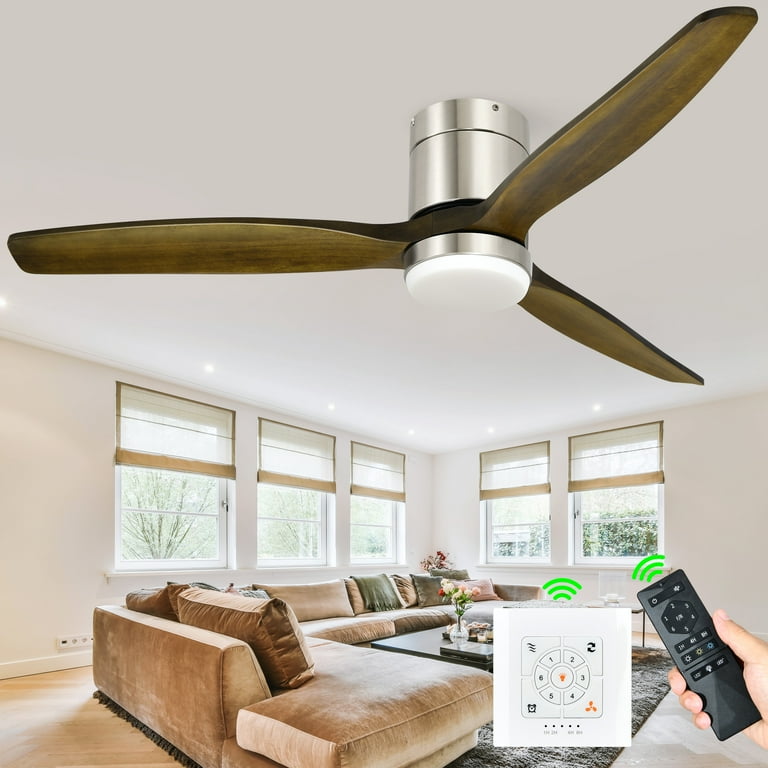 Dextrus Low Profile 52in Ceiling Fan With Light And Remote Wall Switch Dc Motor 3 Colors Changing 6 Sd Reversible Airflow Flush Mount Walnut Silver Com