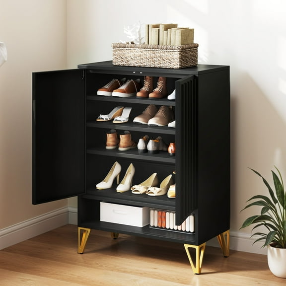 DEXTRUS Metal Shoe Storage Cabinet with Doors & Adjustable Shelves, 5-Tier Shoe Organizer, Black