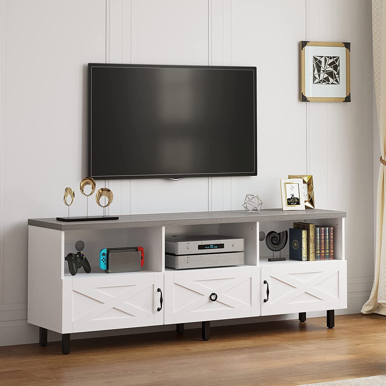 Dextrus Modern Tv Stand For 70 65 60 55 Inch Boho Wood Table Farmhouse Media Console With Storage Cabinet And Open Shelves Living Room Bedroom White Grey Com