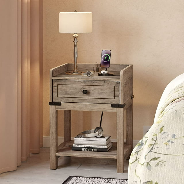 DEXTRUS Nightstand with Charging Station, Farmhouse End Side Table Bedside Table with Drawer