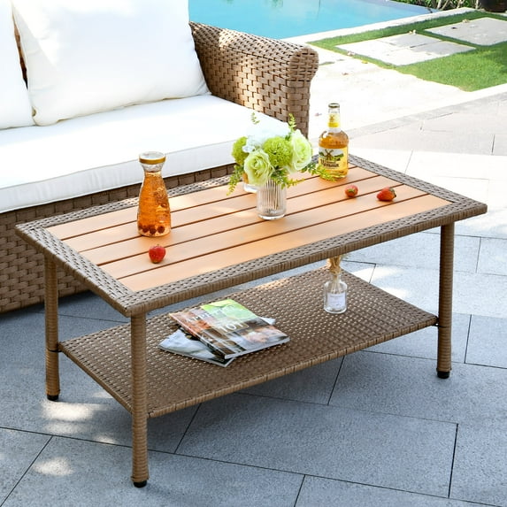 DEXTRUS Outdoor Wicker Coffee Table Rattan Faux Wood Top Side Table w/Storage for Garden