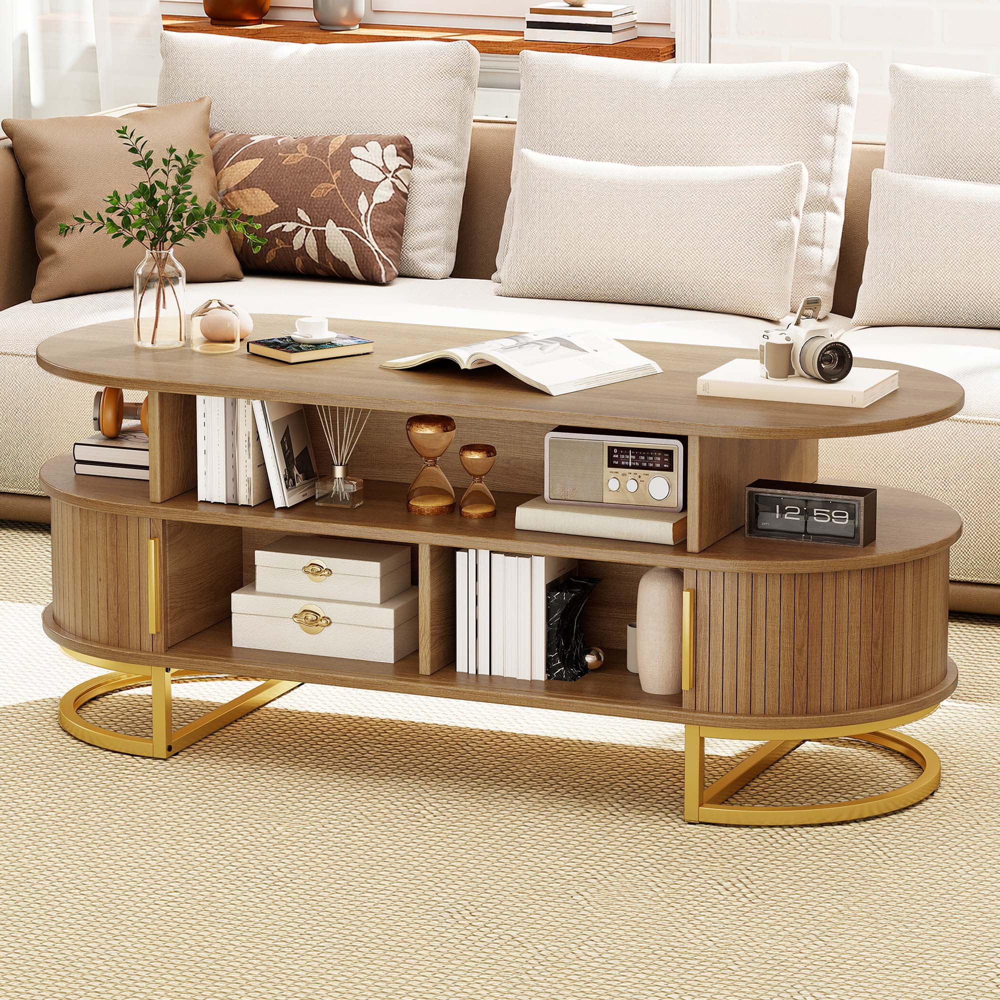 DEXTRUS Oval Fluted Coffee Table with Sliding Doors & Storage Shelves ...