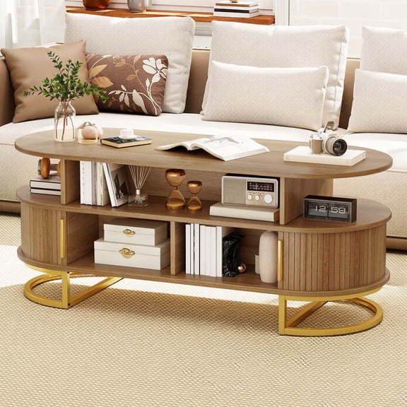 DEXTRUS Oval Fluted Coffee Table with Sliding Doors & Storage Shelves, Center Table for Living Room, Oak