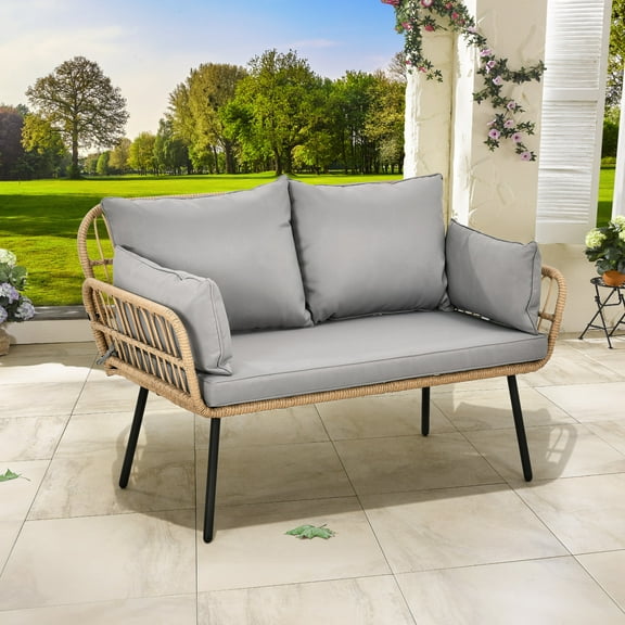 DEXTRUS Patio Loveseat Sofa, All-Weather Wicker Rattan 2 Seater Sofa with Cushions & Lumbar Pillows, Outdoor Patio Furniture Set for Patio for Balcony, Backyard, Deck, Poolside - Grey