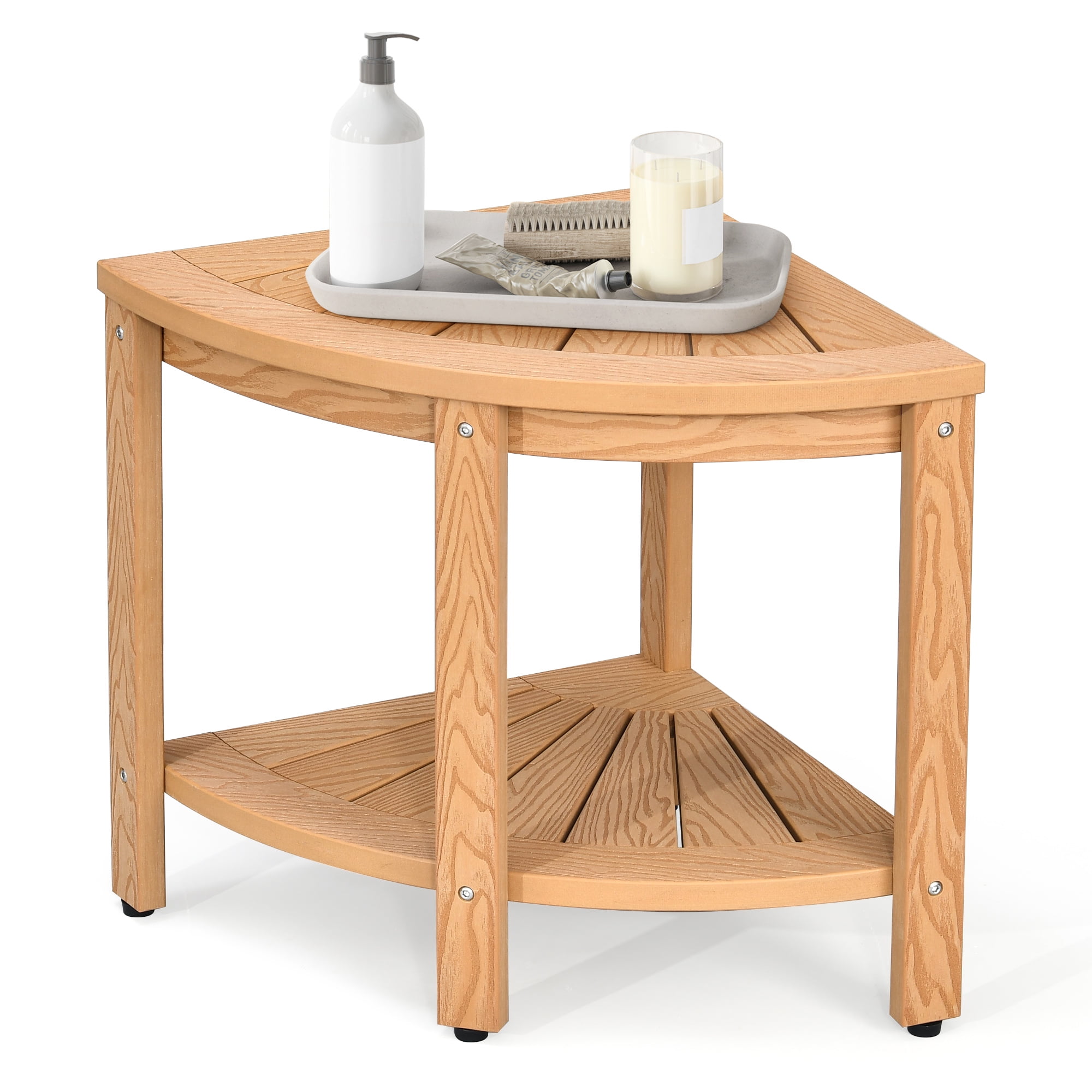 DEXTRUS Poly Lumber Corner Shower Bench, 18" Bath Stool with Storage Shelf, Teak