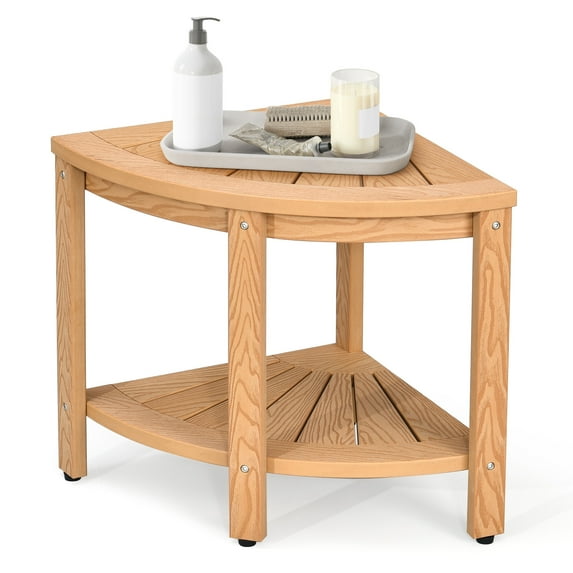 DEXTRUS Poly Lumber Corner Shower Bench, 18" Bath Stool with Storage Shelf, Teak