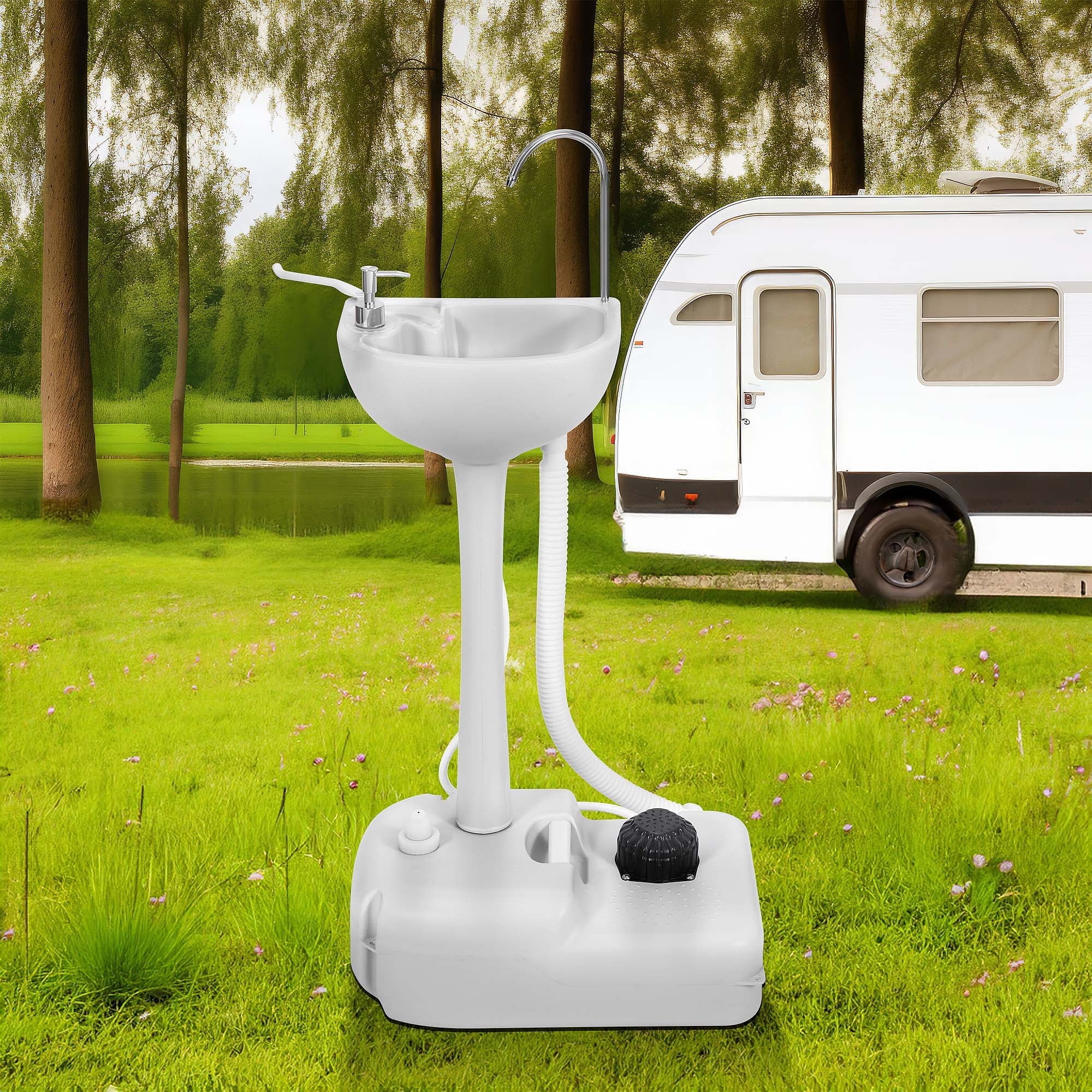 DEXTRUS Portable Camping Sink, with Towel Holder & Soap Dispenser, Rolling Wheeled Hand 17 L Wash Basin Stand, for Outdoor Events, Gatherings, Worksite