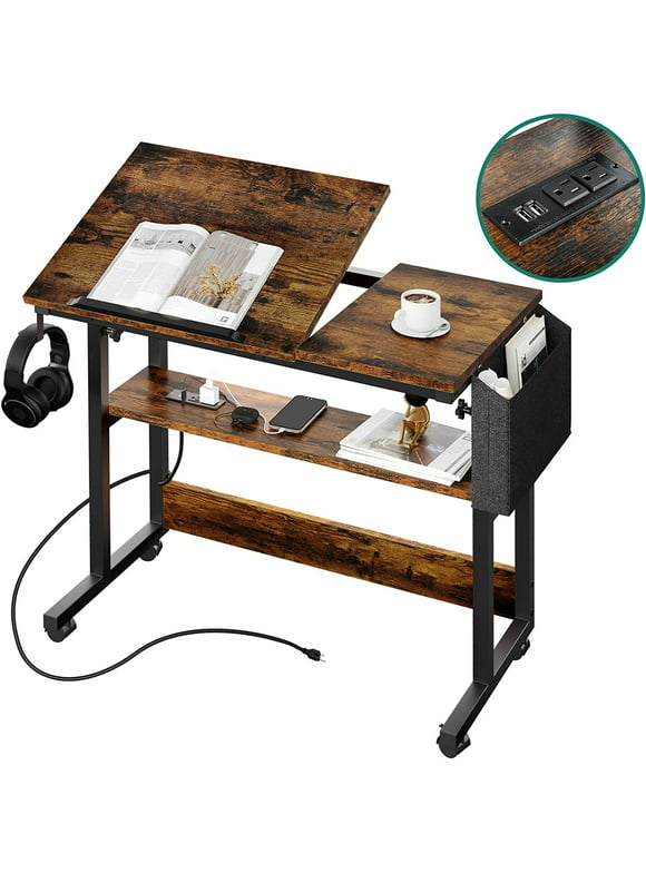DEXTRUS Portable Laptop Table with Charging Station, Height Adjustable Standing Rolling Computer Desk with Tiltable Tabletop and Storage Bag