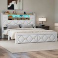 thumbnail image 1 of DEXTRUS Queen Size Bed Frame with Storage & Power Outlets, PU Leather Bed Frame with LED Lights, White, 1 of 8