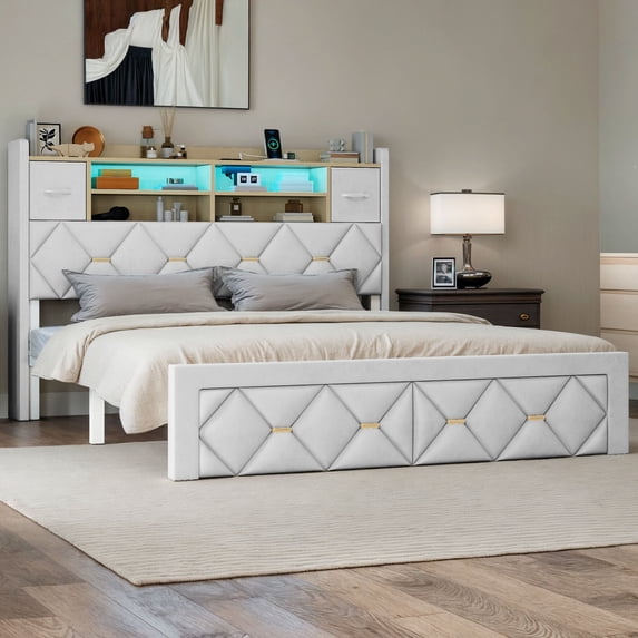 DEXTRUS Queen Size Bed Frame with Storage & Power Outlets, PU Leather Bed Frame with LED Lights, White