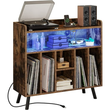 DEXTRUS Record Player Turntable Stand with Power Outlets and LED Lights, Media Storage Cabinet