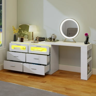 DEXTRUS Rotating Vanity Table with LED Lights & Power Outlets, Vanity Desk with Drawers, White