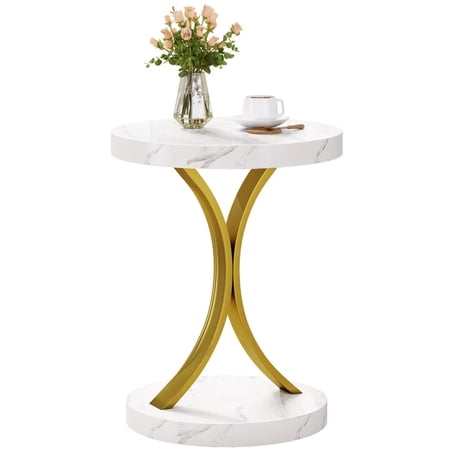 DEXTRUS Round End Tables, Modern Gold Round Side Table with Faux Marble Top and Gold Metal Frame, Faux Marble White