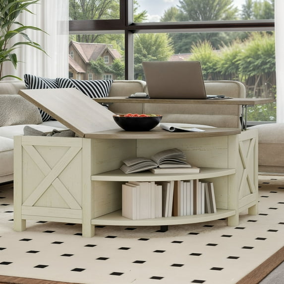 DEXTRUS Rustic Lift Top Coffee Table with Shelves & Power Outlets, Curved Center Table, Off-White