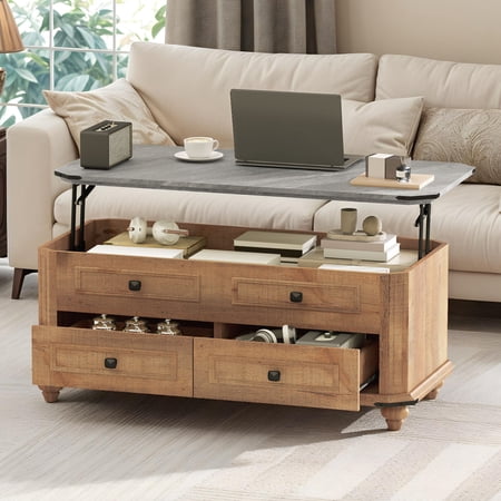 DEXTRUS Rustic Lift Top Coffee Table with Storage & Drawers, Center Table for Living Room, Brown