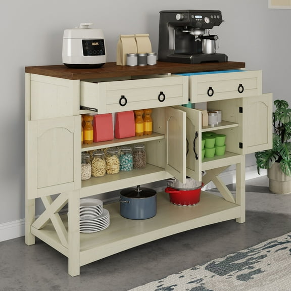 DEXTRUS Sideboard Storage Cabinet with Doors & Drawers, Kitchen Cabinet with Adjustable Shelf, White