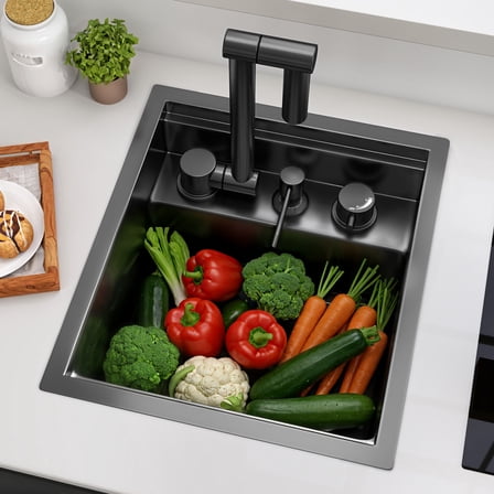 DEXTRUS Stainless Steel Sink with Foldable Faucet, Drain Set & Accessories, Ideal for RVs & Small Kitchens, Black