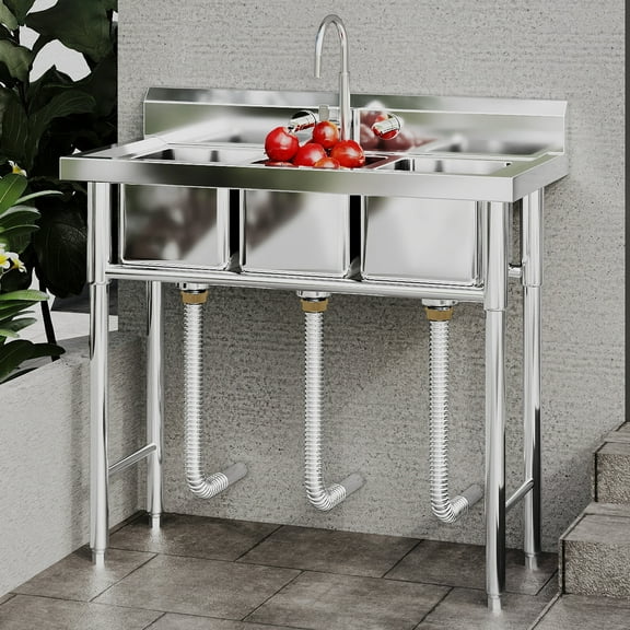 DEXTRUS Stainless Steel Utility Sink, 3 Compartment Commercial Sink for Kitchen, Restaurant, Laundry, Garage
