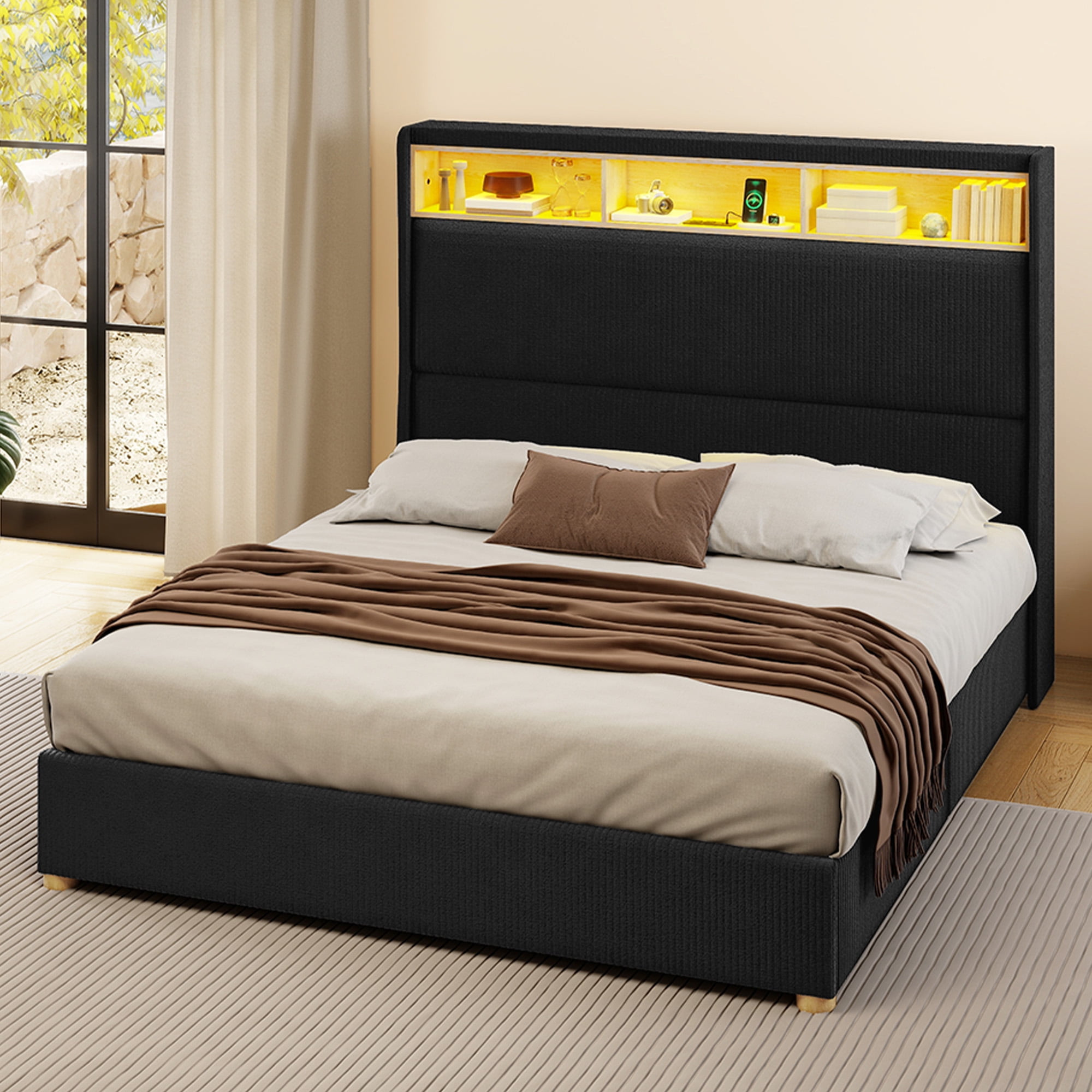 DEXTRUS Upholstered Bed Frame with Tall Headboard & LED Lights, King Size Bed Frame with Power Outlets, Black