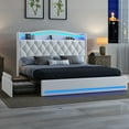 thumbnail image 1 of DEXTRUS Upholstered King Size Bed Frame with Drawers & Tall Headboard, Velvet Bed Frame with LED Lights & Charging Station, White, 1 of 9