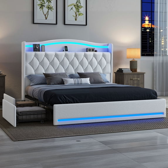 DEXTRUS Upholstered King Size Bed Frame with Drawers & Tall Headboard, Velvet Bed Frame with LED Lights & Charging Station, White