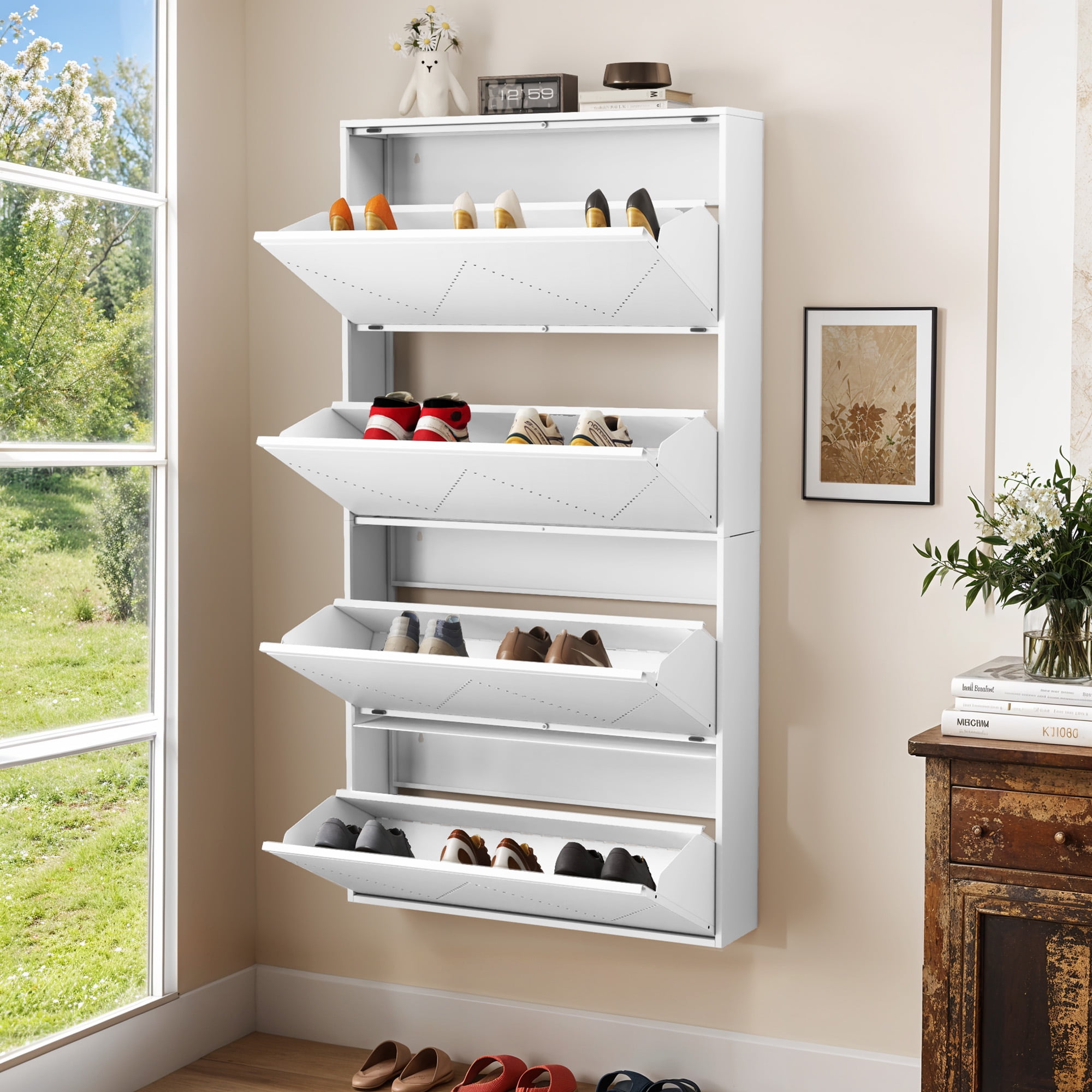 DEXTRUS Wall Mount Shoe Cabinet with Flip Drawers, Metal Shoe