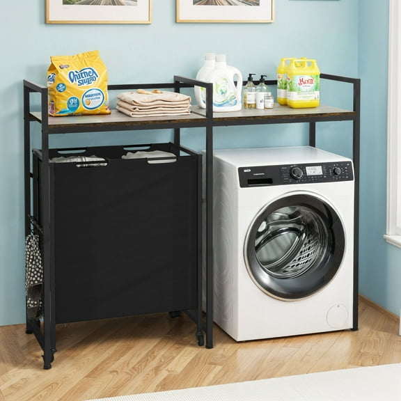 DEXTRUS Washer Dryer Storage Shelf with Hooks, Bathroom Storage Rack with Laundry Hamper, Black