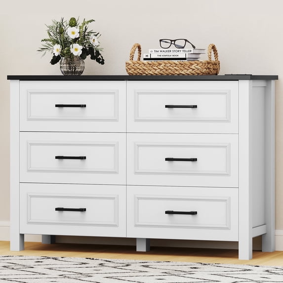 DEXTRUS White 6-Drawer Wooden Dresser, Sturdy TV Stand with Power Outlet, Storage for , Entryway & Living Room