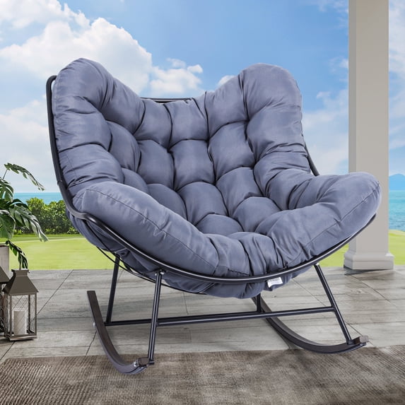 DEXYTUS Extra-Large Papasan Rocking Chair with Cushioned and Plush Padding for Bedroom, Gray