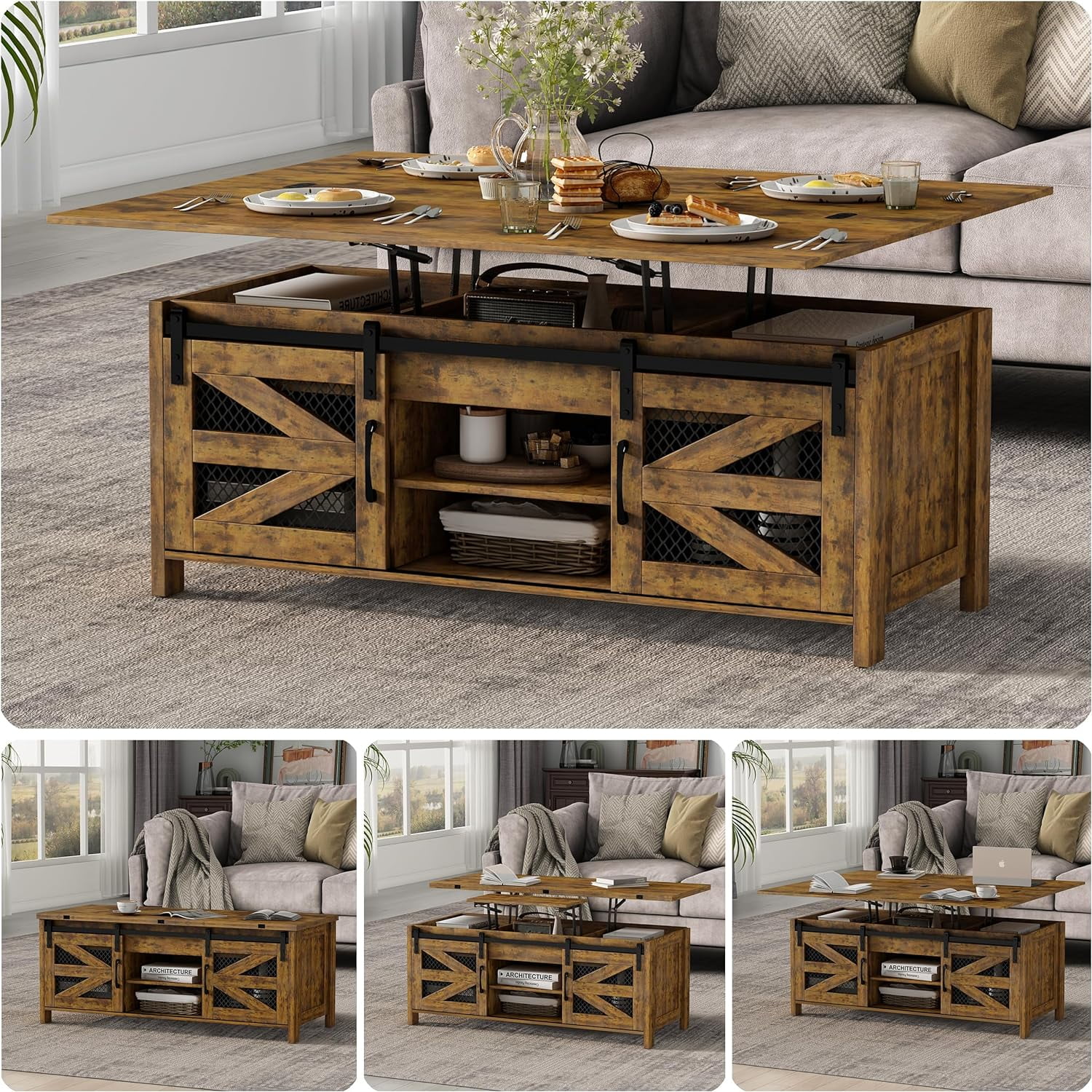 DEYGIA 47.2" Lift Top Coffee Table, 4 in 1 Farmhouse Coffee Table with