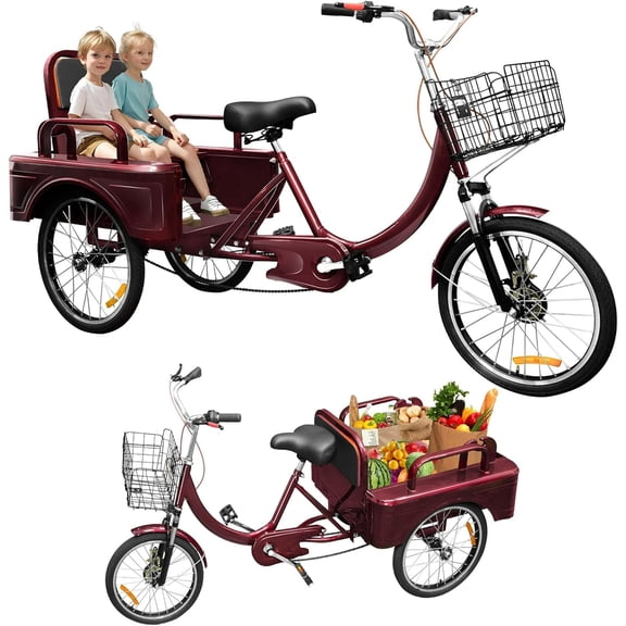 Pipleo Adult Tricycle, 20 Inch 3-Wheel Bikes Carrying Passengers and Cargo, Trike for Adults with Front Baskets for Women, Seniors, Men, Low Step-Through Cruiser Bike for Cycling, Outing, Picnic