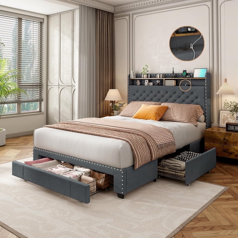 Pipleo Full Size Bed Frame with headboard, Full Bed Frame with 3 Drawers, Velvet Upholstered Platform Bed Frame with Storage, LED Lights and Charging Station