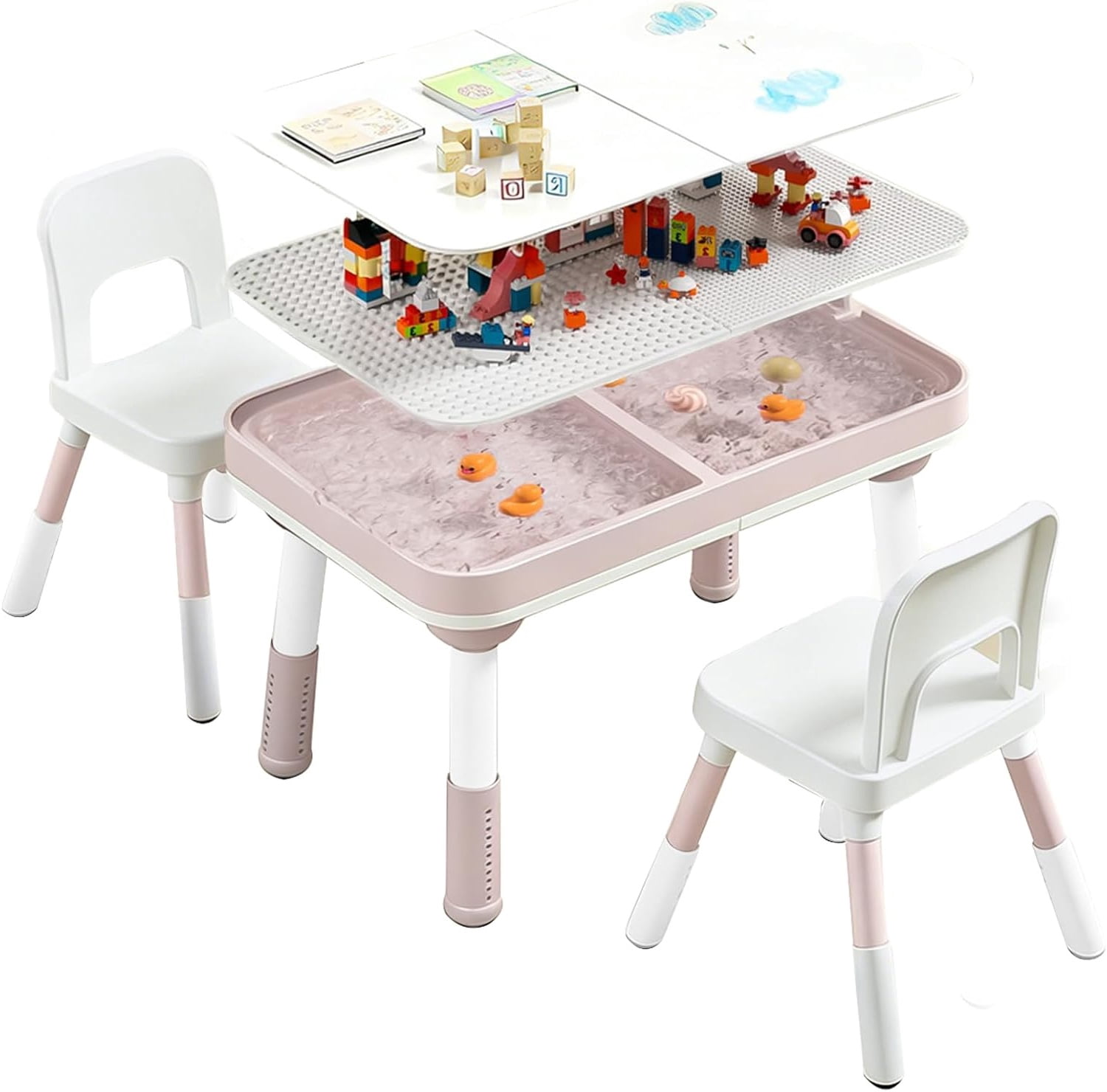 NEORIVER Kids Table and Chair Set with Storage – 5-in-1 Height Adjustable Toddler Activity Table & 2 Chairs for Building Blocks, Drawing, Reading, Dining, Sand & Water Play