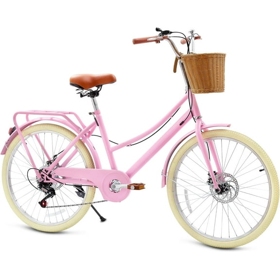 DEYGIA Kids Bike, 24 Inch 7-Speed Retro Cruiser Girl Bike, Kids Bicycles for Ages 6-15 Girls Youth with Rattan Basket, Dual-Disc Brake Carbon Steel Frame Lightweight Bicycle, Easy Assembly