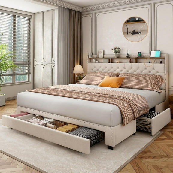 Pipleo King Bed Frame with headboard, King Size Bed Frame with 3 Drawers, Velvet Upholstered Platform Bed Frame with Storage, LED Lights and Charging Station
