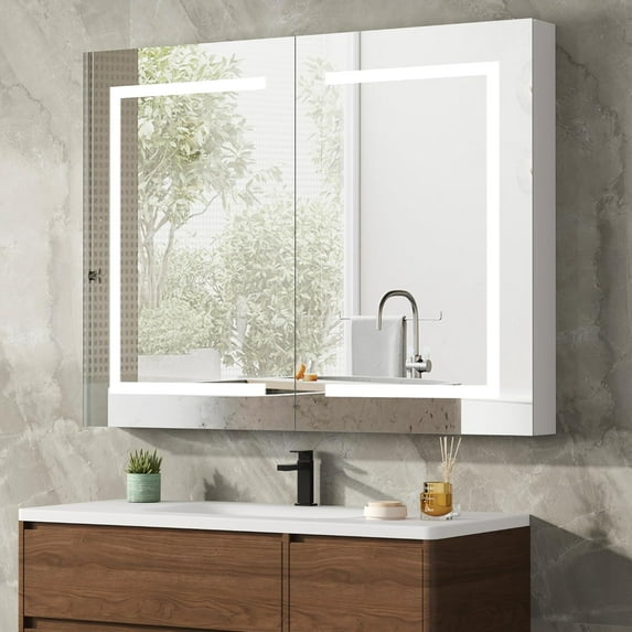 DEYGIA Medicine Cabinet with LED Mirror for Bathroom, 30''x36'' Aluminum, Wall Mounted Surface led Medicine Cabinet, Defog, Stepless Dimming, 3 Color Change, 2 Outlets, 2USB(30''x36'' Double Door)