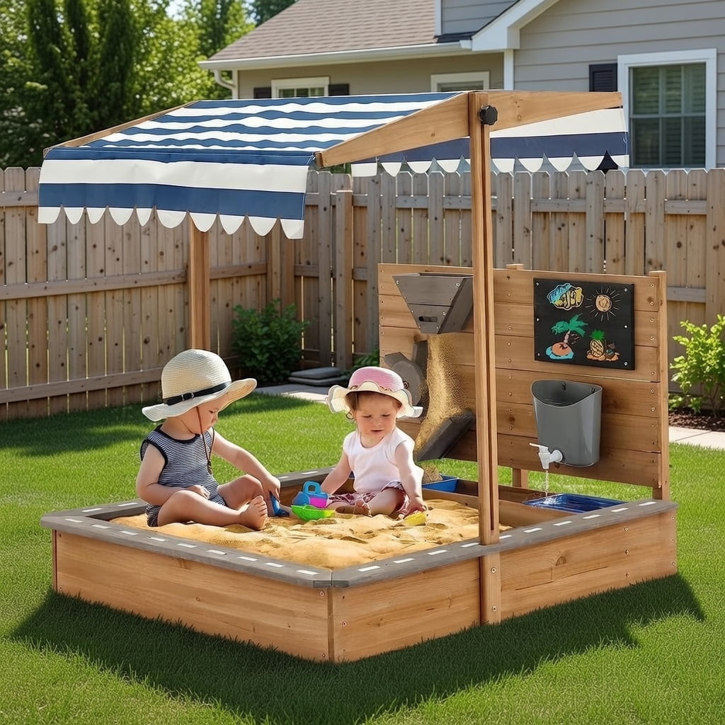 Kids Large Wooden Sandbox with Cover, Outdoor Sand box for Kids with Adjustable Cover, Funnel & Drawing Board, Backyard Sand Pit for Garden, Patio, Beach