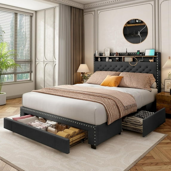 DEYGIA Queen Size Bed Frame with 3 Drawers, 2-Tier Storage Headbord, Bed Frame with Storage, LED Lights and Charging Station, Upholstered Platform Bed Frame, Wood Slats Support (Black, Queen)