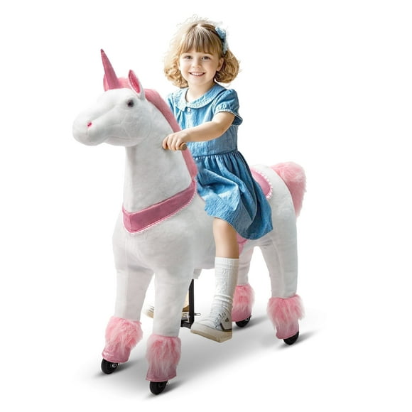 DEYGIA Ride on Unicorn Toys, Mechanical Cycle Walking Action Plush Animal, Max Load 165 lbs