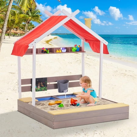 DEYGIA 45-Inch Wooden Outdoor Sandbox with Lid, Drawing Board, and Shelf