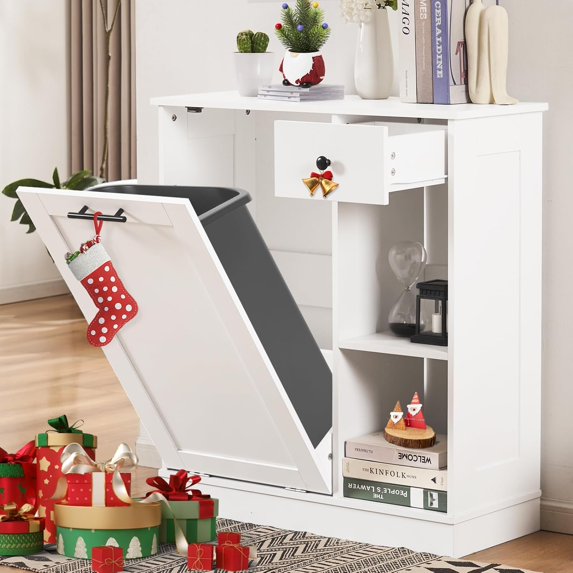 DEYGIA Tilt Out Trash Cabinet 10 Gallon, Trash Can Cabinet with 2 Storage Areas for Kitchen, Living Room, Bathroom, Freestanding Trash Cabinet with Hideaway Drawer