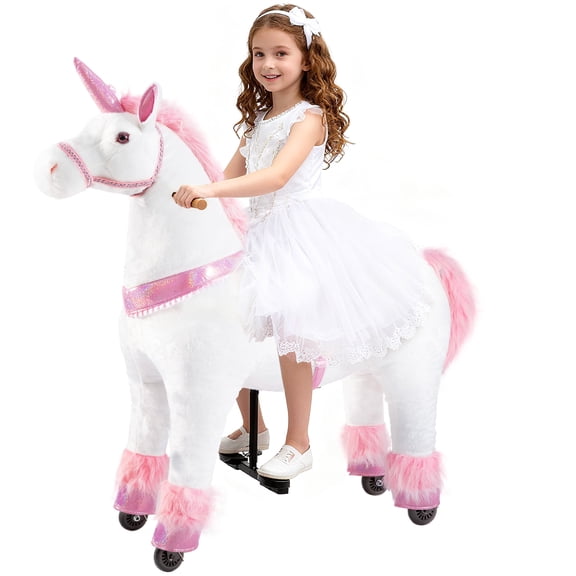 DEYGIA Unicorn Ride on Toys, Mechanical Cycle Walking Action Plush Animal, Max Load 187 lbs