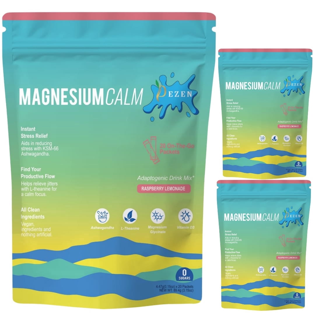 DEZEN Calm Drink Mix Sachets, Magnesium Powder for Stress, Relaxation with Ashwagandha, L-Theanine, Vitamin D3, Pack 3