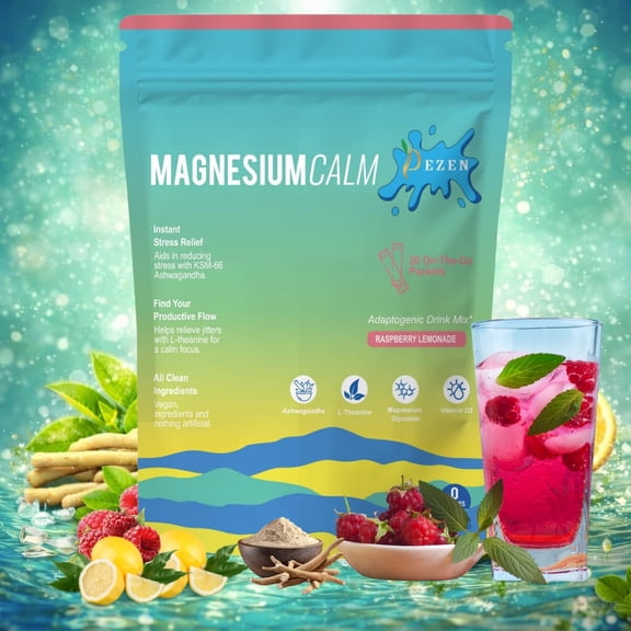 DEZEN Calm Magnesium Powder Drink Mix Magnesium Glycinate with L-Theanine, Ashwagandha & Vitamin D - Raspberry Lemonade 20 Sachet