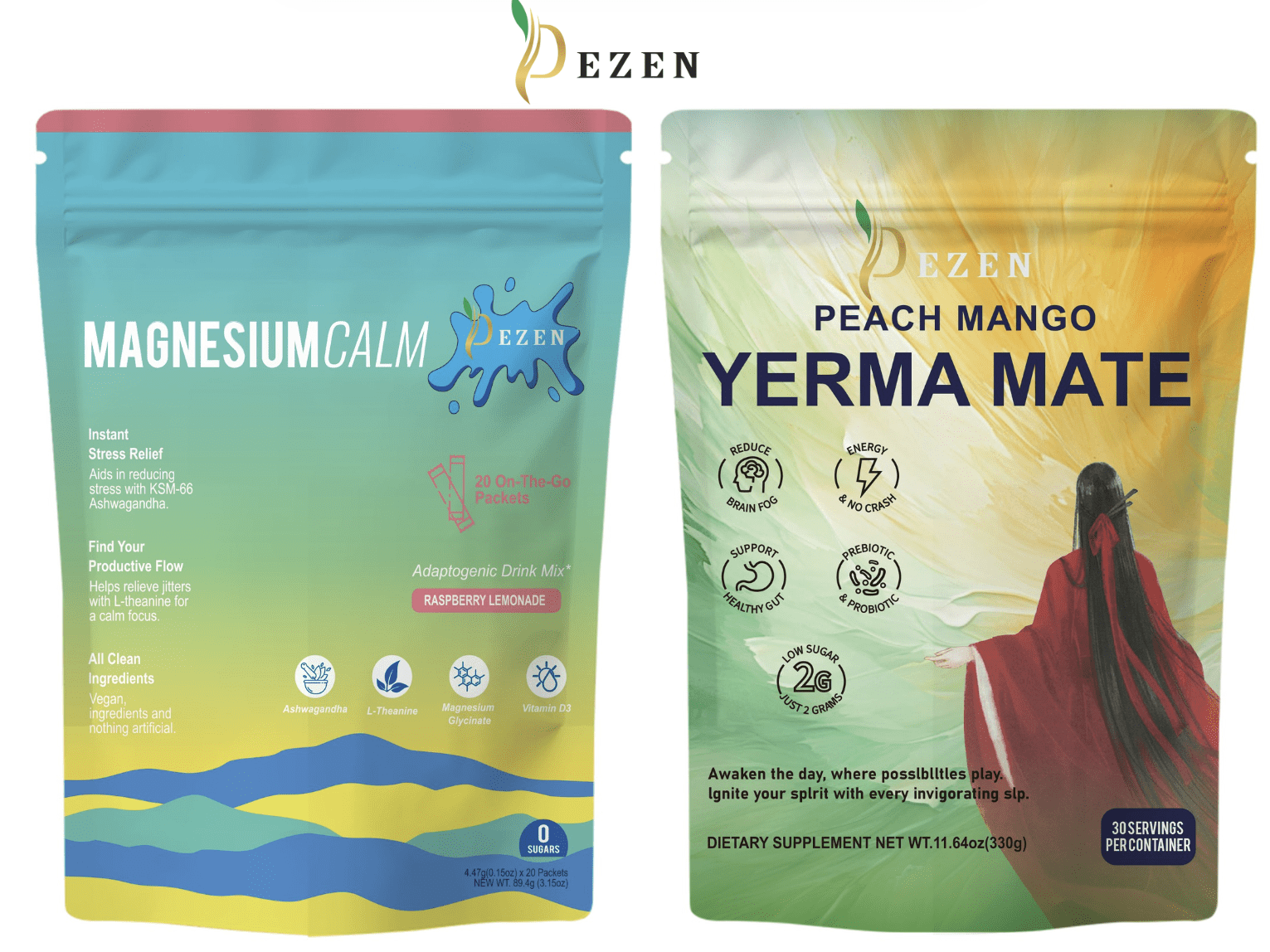 DEZEN Combo Pack Calm Magnesium Powder Drink Mix + Yerba Mate Instant Tea Powder