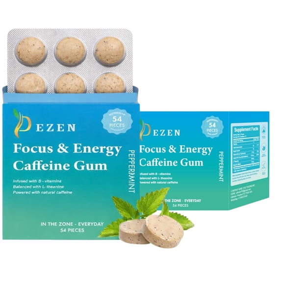 DEZEN Energy Caffeine Gum 54 Pcs – Peppermint Flavor | L-Theanine, Caffeine with Vitamin B12 & B6 | Coffee Replacement