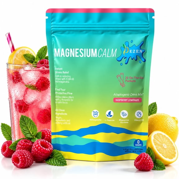 DEZEN Calm Magnesium Powdered Drink Mix with L Theanine, Ashwagandha, Magnesium Glycinate, Vitamin D, 20 Packets Each
