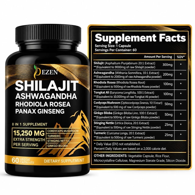 DEZEN Shilajit Capsules 15250mg with Ashwagandha Ginseng Rhodiola ...