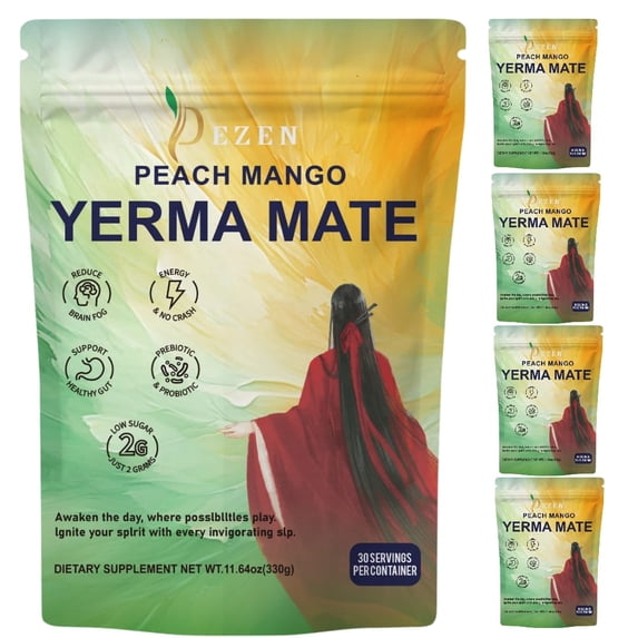 DEZEN Yerba Mate Tea Powder Drink Mix, Digestive Support & Natural Caffeine, Low Sugar, 11.64 oz, Pack 5