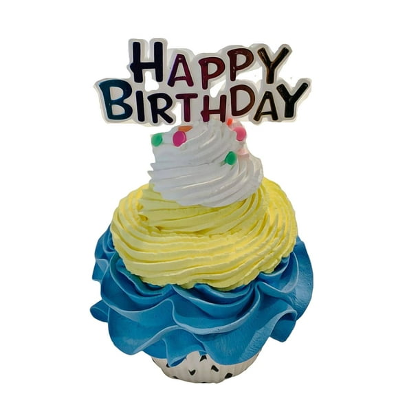 DEZICAKES Fake Cupcake Happy Birthday Yellow & Blue Prop Decoration Dezicakes Fake Food- Fake Cake-  Artificial Cake- Faux Cake Decor